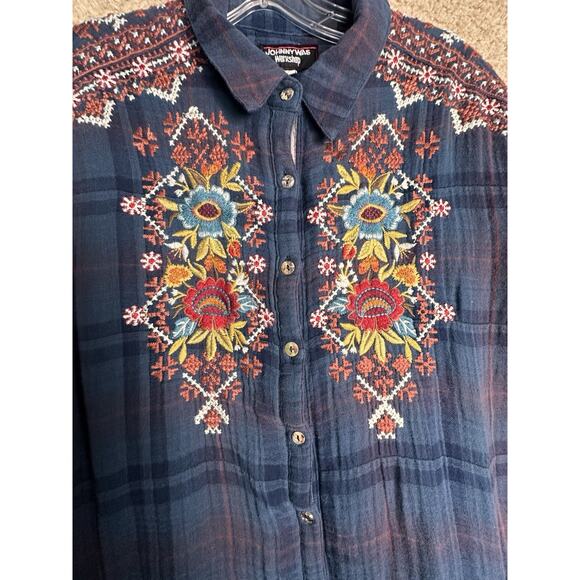 Johnny Was Workshop Navy Plaid Embroidered Floral Painter’s Smock Tunic Top Sz L - Picture 12 of 16